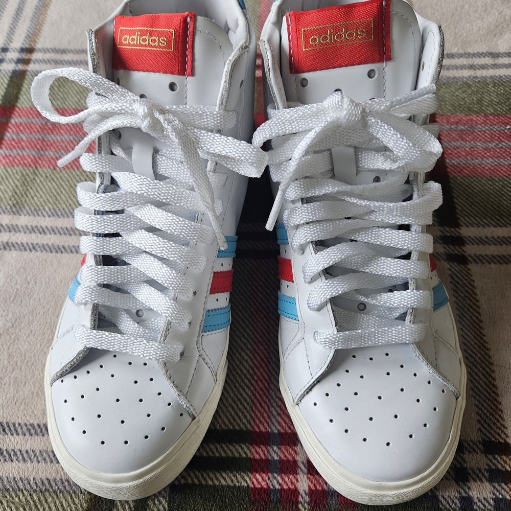 Adidas White High-Top Sneakers with Red and Blue Stripes